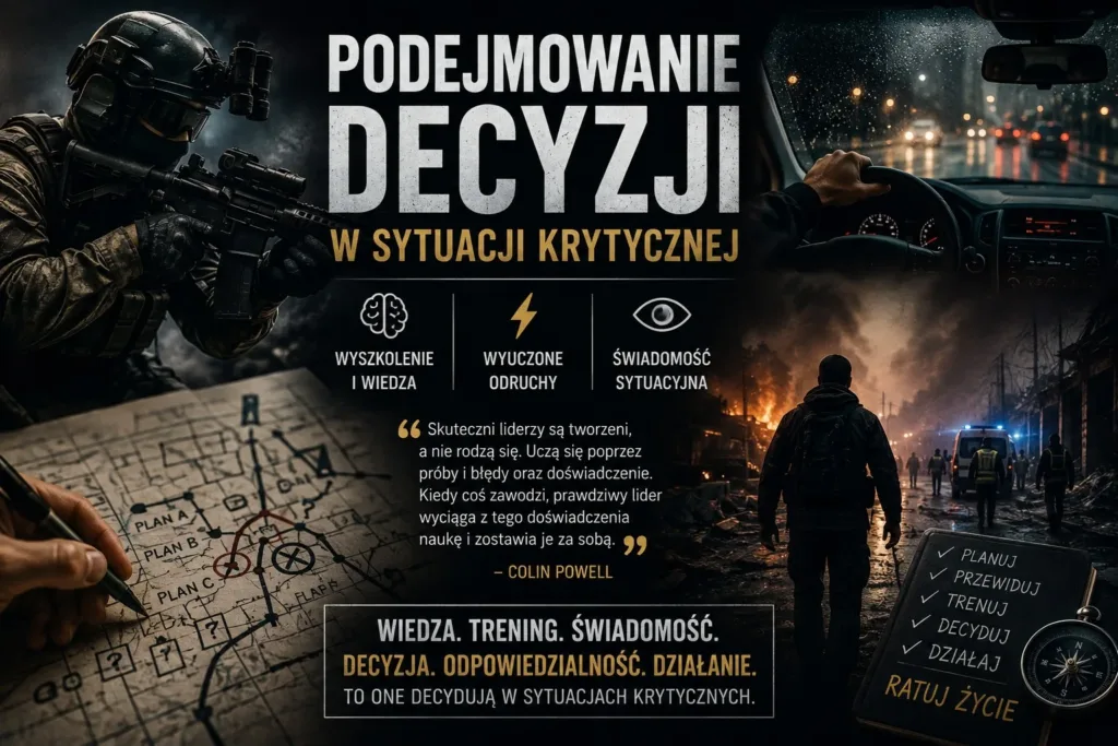 Grafika: żołnierz, plan A, B i C oraz trzy filary decyzji w sytuacji krytycznej