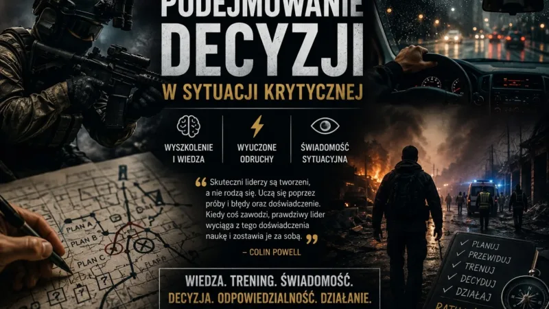 Grafika: żołnierz, plan A, B i C oraz trzy filary decyzji w sytuacji krytycznej