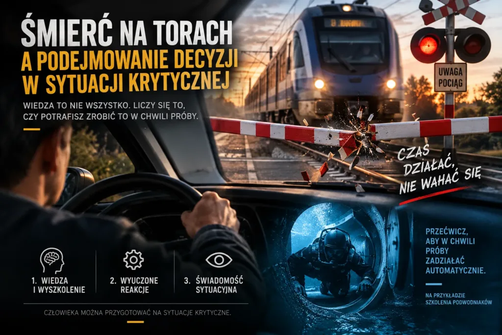 Grafika: pociąg nadjeżdża na przejazd ze złamaną rogatką, za kierownicą kierowca