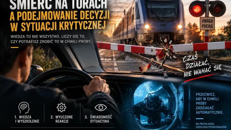 Grafika: pociąg nadjeżdża na przejazd ze złamaną rogatką, za kierownicą kierowca