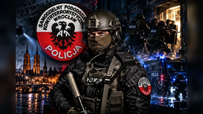 Grafika: policjant kontrterrorysta w hełmie, w tle Wrocław nocą i zespół wchodzący do budynku